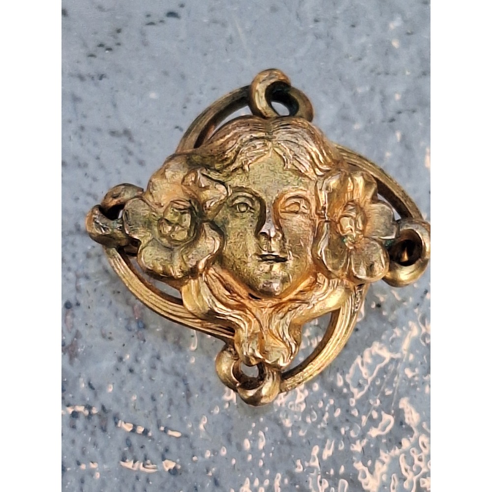 Vintage Art Nouveau Gold Tone Lady Face Flower Brooch Repousse Pin Small